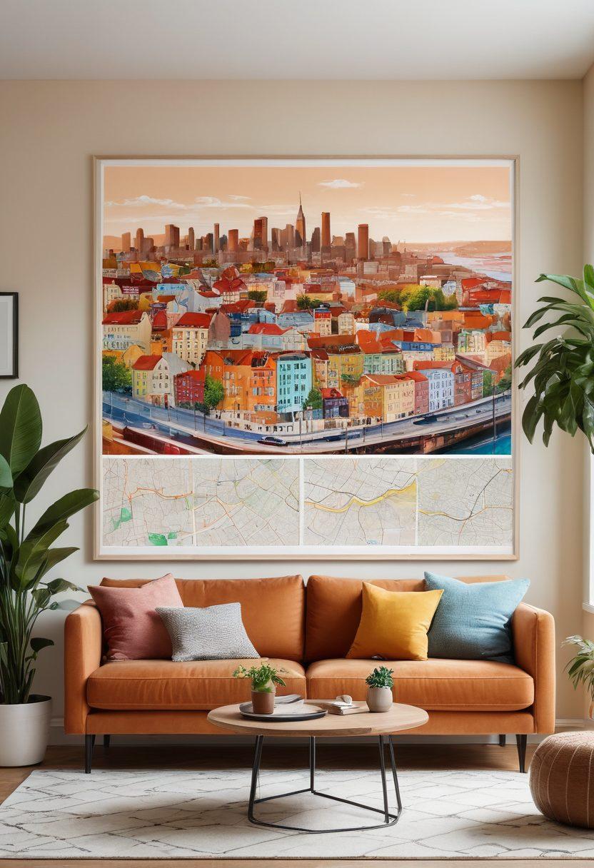 A cozy, modern apartment living room filled with natural light, showcasing essential features for apartment hunters: large windows, a stylish sofa, potted plants, and colorful wall art. In the background, a large map of the city with highlighted neighborhoods is pinned on a bulletin board, symbolizing the search for the perfect home. Include a warm, inviting atmosphere with soft textures and inviting colors. super-realistic. vibrant colors. warm tones.