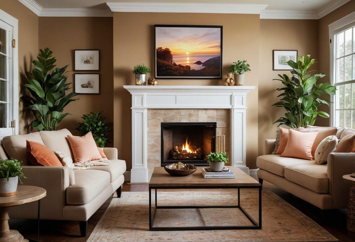 A cozy and inviting living space that combines warm tones and elegant decor. Include plush furniture, a softly glowing fireplace, houseplants that bring nature indoors, and soft lighting that enhances the romantic atmosphere. Showcase personal touches like framed photographs and artwork, with a view of a beautiful sunset through large windows. super-realistic. vibrant colors. soft focus.