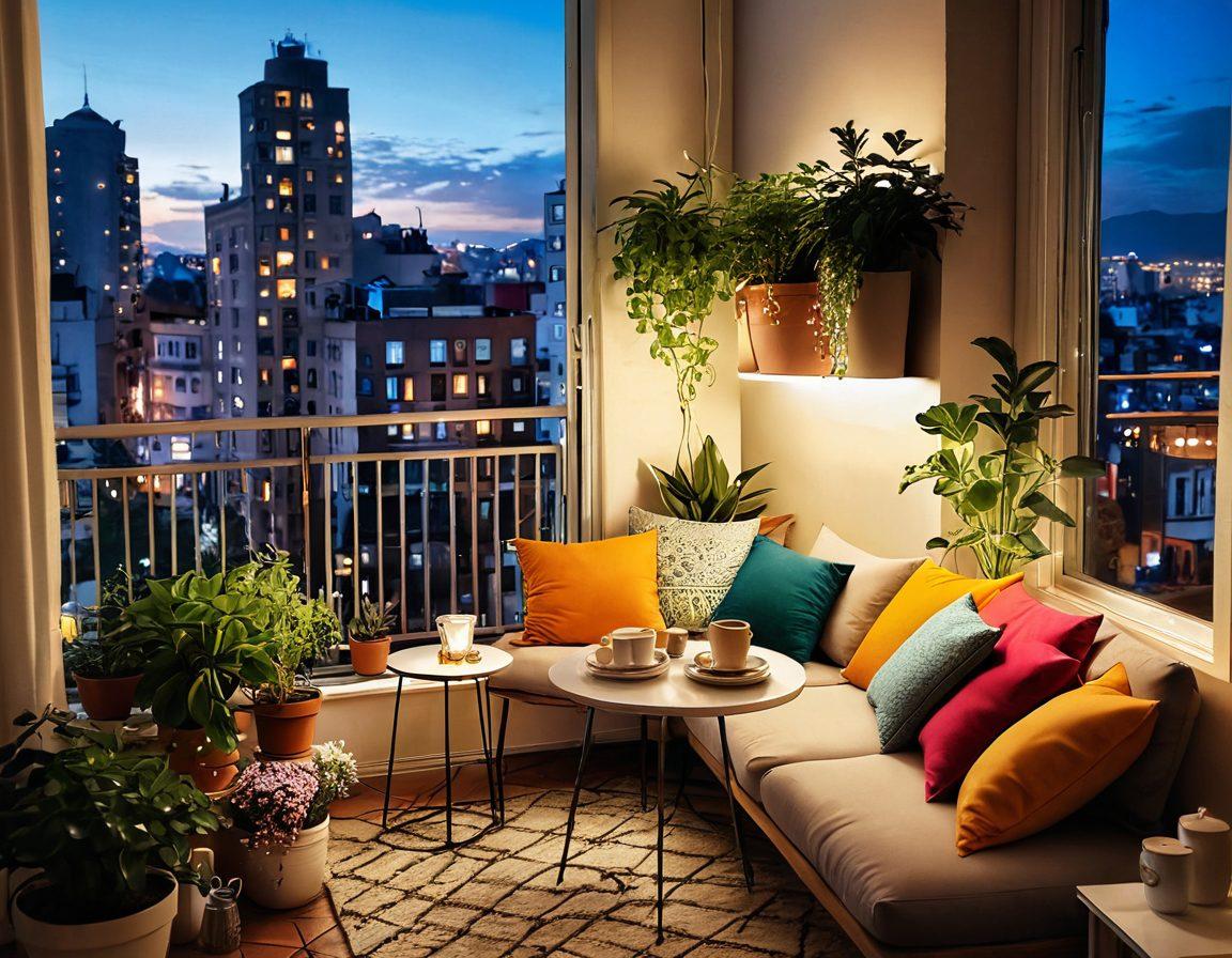 A cozy, beautifully decorated apartment with warm lighting, plants, and a small balcony overlooking a picturesque cityscape. Include a couple happily sipping coffee together, surrounded by charming decor and colorful cushions. evoking a feeling of love and tranquility. super-realistic. vibrant colors. soft focus.